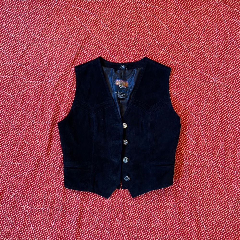 Cripple Creek Womens Black Suede Leather Western Vest Silver Flower Buttons M